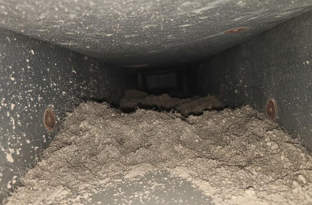 Severely clogged air duct filled with dust and debris before professional cleaning in California