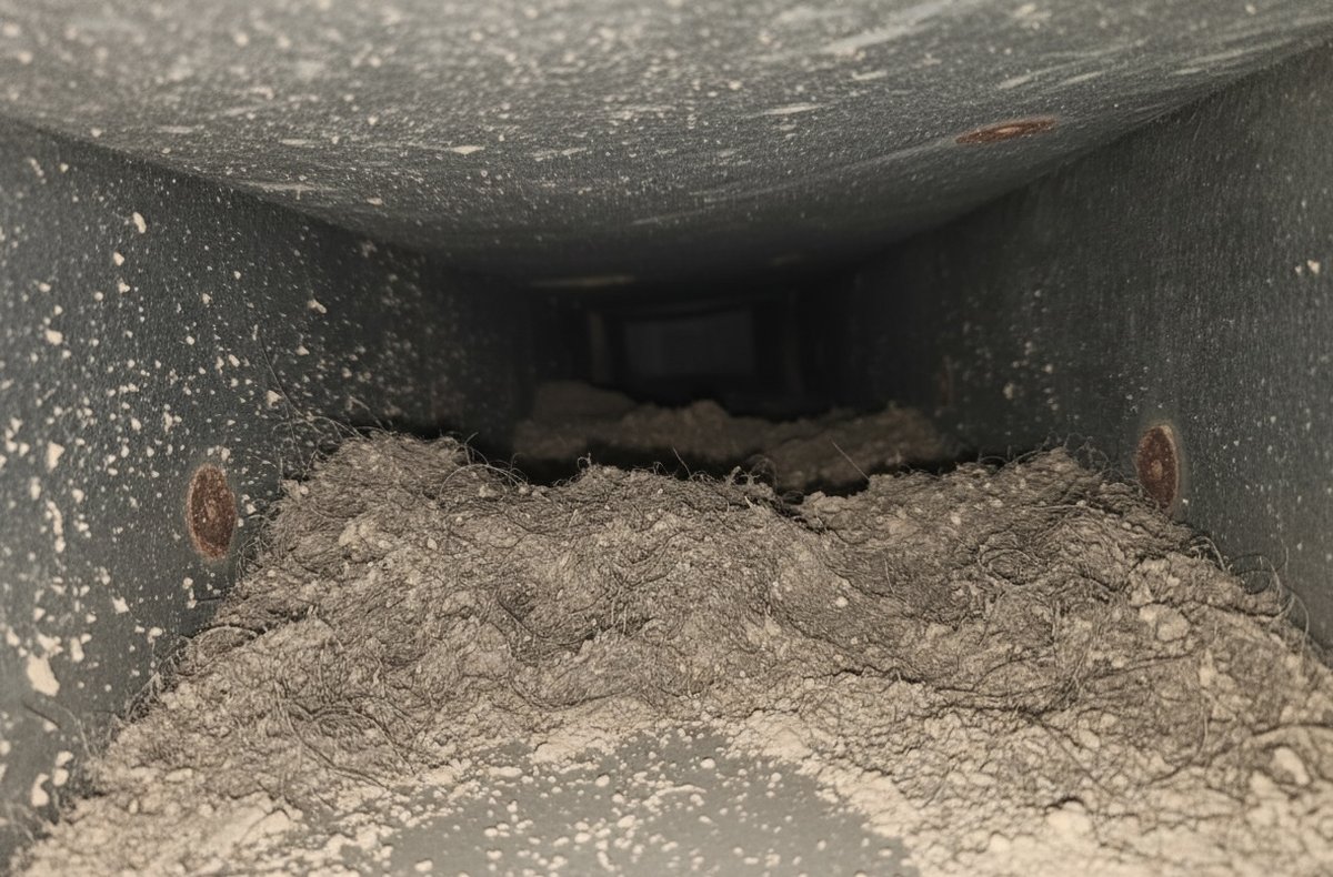 Dirty air duct full of dust and debris before professional air duct cleaning in California