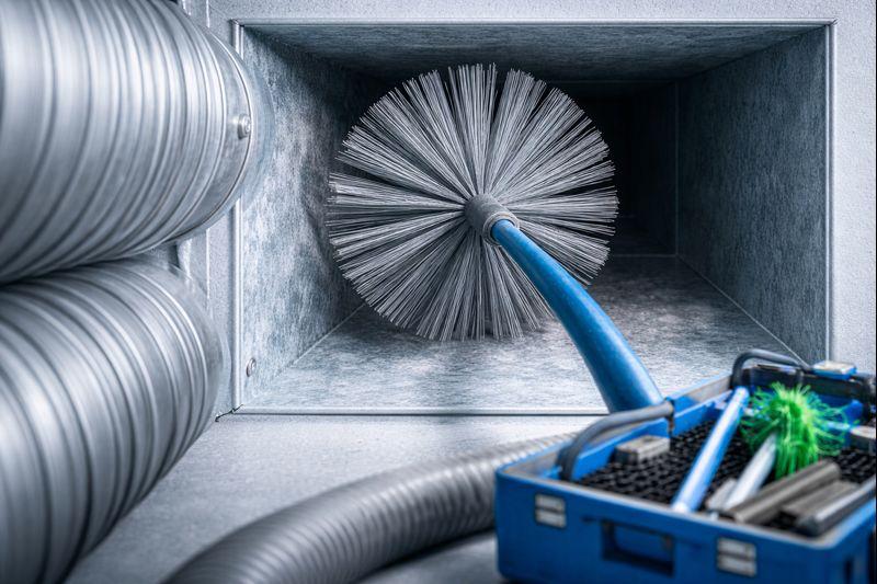 Professional rotary brush cleaning inside residential air duct in California