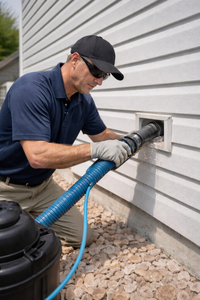 Professional dryer vent cleaning technician removing lint from exterior dryer vent in California home